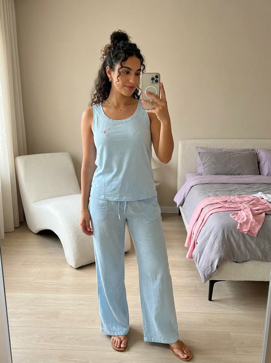 Eiris Baby Blue Linen & Cotton Summer Pajamas
