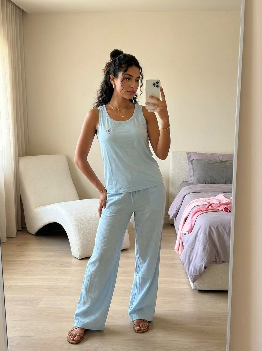 Eiris Baby Blue Linen & Cotton Summer Pajamas